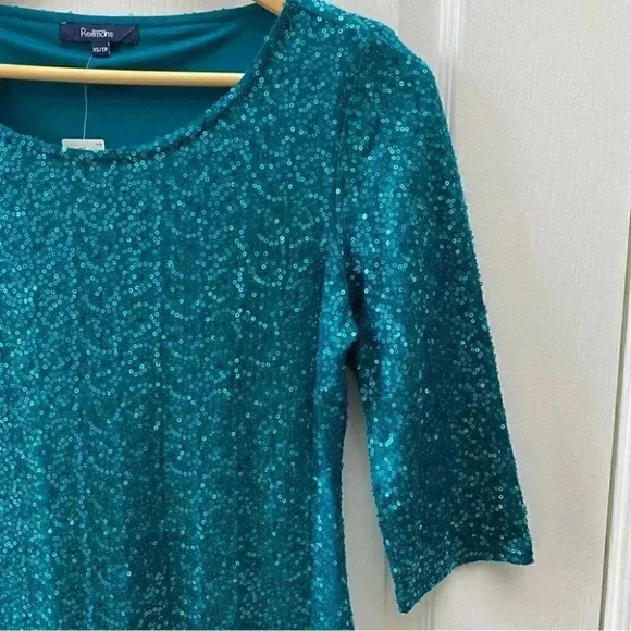 Reitman’s Sparkly Sequin Dressy Top  Scoop Neck 3/4 Bracelet Sleeve Teal XS NEW - Picture 10 of 16